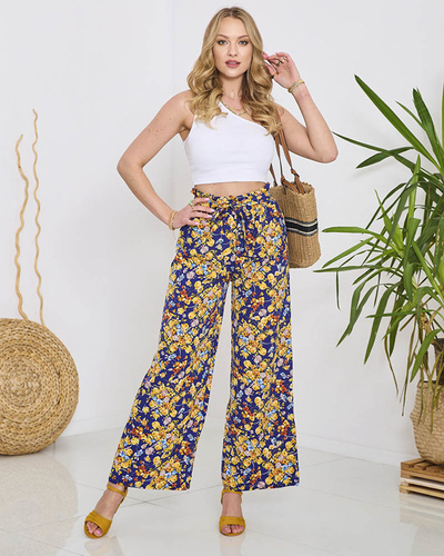 Blaue Damen-Palazzo-Hose mit marineblauen Blumen- Kleidung
