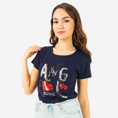 Marineblaues Damen-T-Shirt mit Paillettenaufschrift - Kleidung