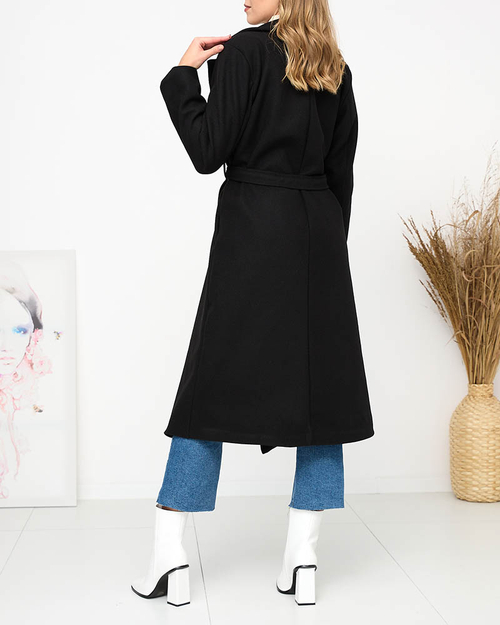 Чорне довге жіноче пальто з поясом - Одяг