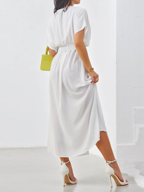 Royalfashion Жіноча міді-сукня з короткими рукавами, V-подібним вирізом та переднім розрізом