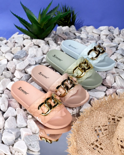 Gesteppte Hausschuhe für Damen in Blau mit goldener Kette Eteris - Schuhe