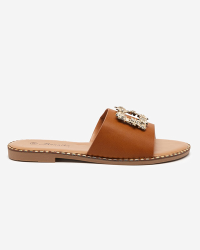 OUTLET Hellbraune elegante Damenhausschuhe mit goldener Verzierung Meriso - Footwear