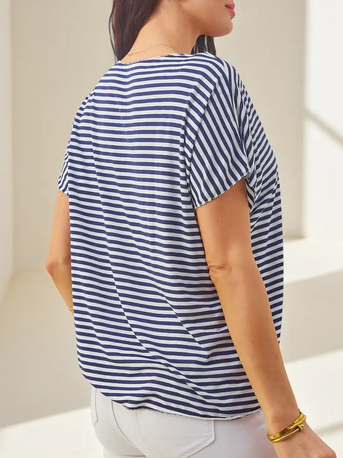 Royalfashion Damen Viskosebluse mit Streifen, kurzen Ärmeln und Glitzereffekt