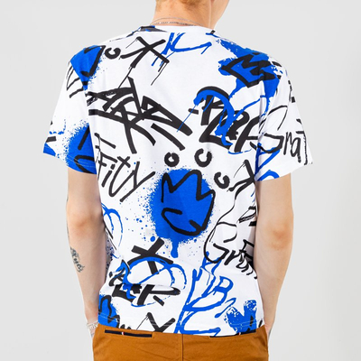 Weiß-blaues Baumwoll-Herren-T-Shirt mit Aufschriften - Kleidung