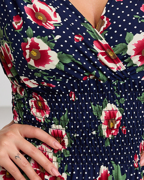 Жіноча темно-синя сукня максі з червоними квітами - Одяг