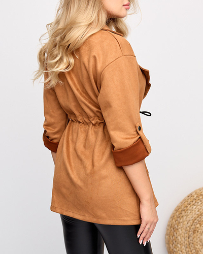 Kamel-Cape-Jacke aus Öko-Wildleder für Damen mit Bindeband in der Taille - Kleidung