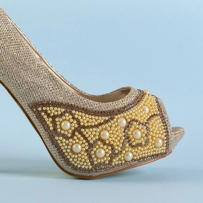 OUTLET Gold glänzende High Heels für Damen mit Zirkonia und Perlen Mira - Footwear