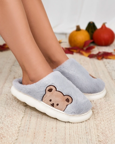 Royalfashion Damen-Pelzpantoffeln mit Teddybär in blau Fetemes