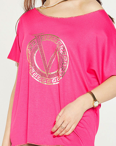 Fuchsia Damenbluse mit Aufdruck und Zirkonia - Bekleidung