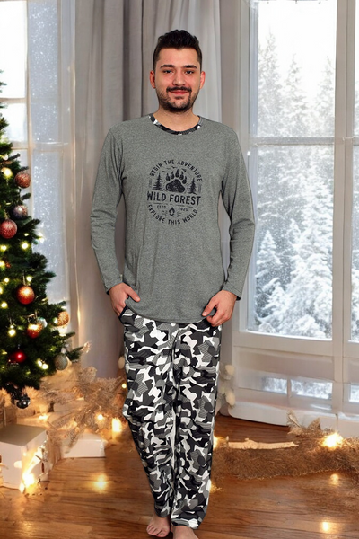 Marineblauer Herrenpyjama mit karierter Hose - Bekleidung