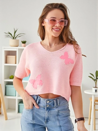 Royalfashion Damen Baumwollkurzpullover mit Schmetterlingen