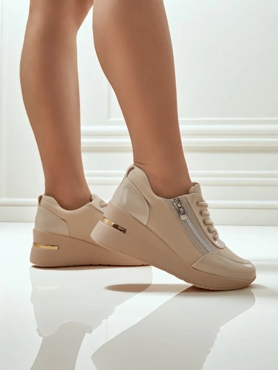 Damen-Sneakers mit Keilabsatz HeraBea beige aus Öko-Leder 6,5 cm mit Reißverschluss