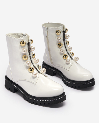 OUTLET Weiße Damen-Bagger-Stiefel mit Perlen Cedirao - Schuhe