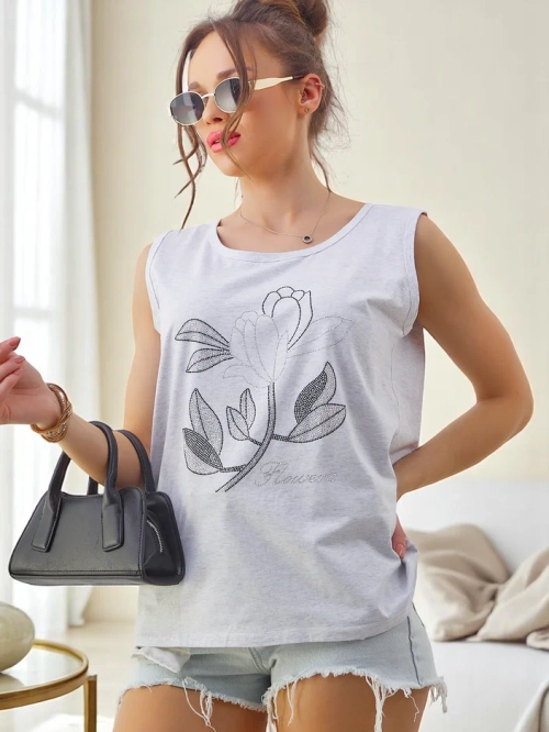 Royalfashion бавовняний жіночий безрукавний топ з стразами КВІТИ