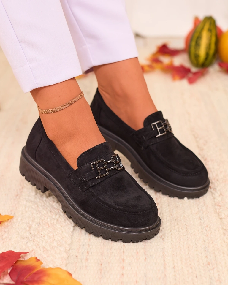 Royalfashion Damen Öko-Wildleder Mokassins mit Ornament in schwarz Aderti