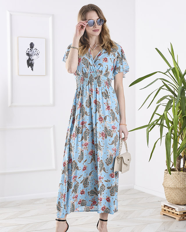 Gemustertes Damen-Midikleid in Blau- Kleidung