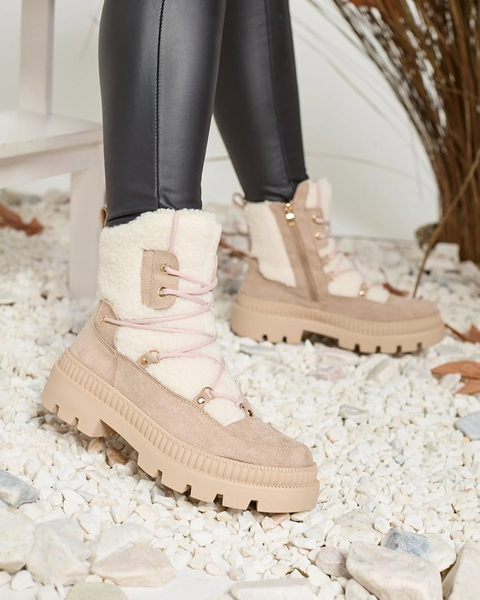 Royalfashion Hellbraune Damen Trapper-Stiefel mit Schafsfell Getatsa