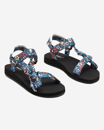 Schwarze Damensandalen mit blauen Streifen mit Lilienblüten - Schuhe