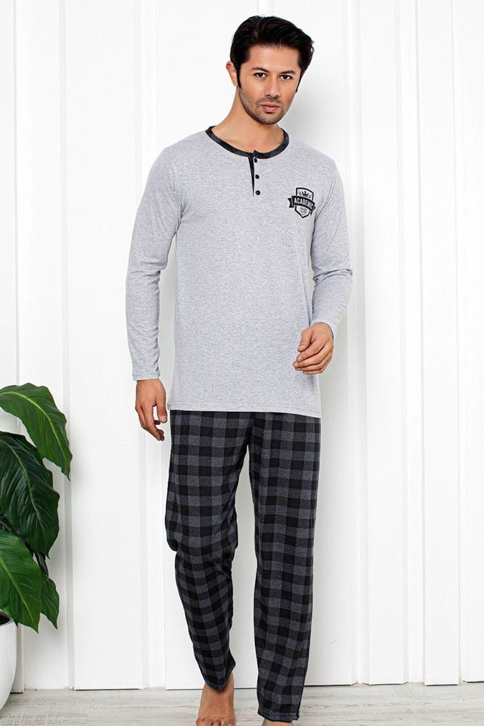 Royalfashion Hellgrauer Herrenschlafanzug mit karierter Hose