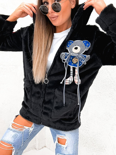 Royalfashion Schwarzer Fleece mit blauem dekorativen Teddybär