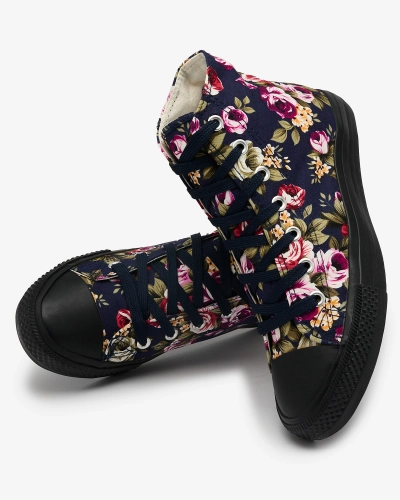 Royalfashion Damen hohe marineblaue Sneakers mit bunten Blumen Soxic
