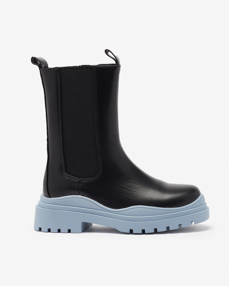 Royalfashion Hohe schwarze Damenstiefel mit blauer Sohle Beerus