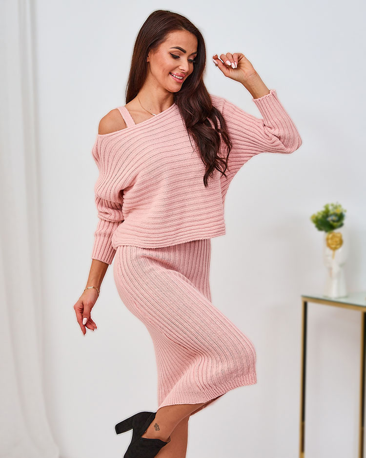 Royalfashion Rosa Damenset mit Kleid und Pullover