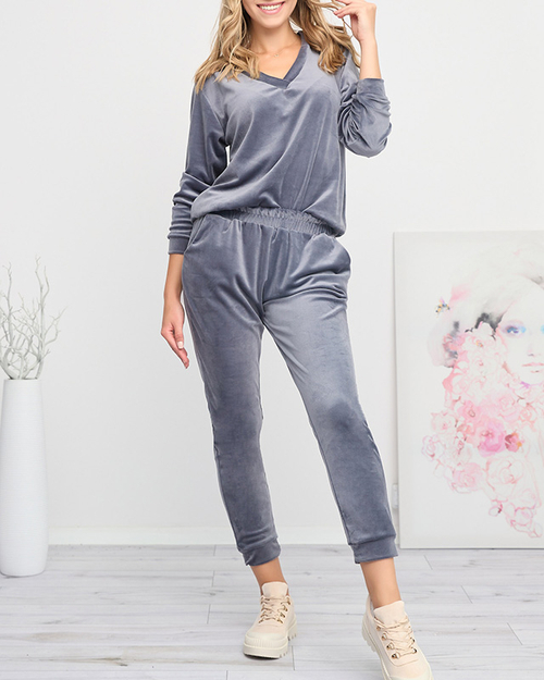Темно-сірий спортивний жіночий велюровий комплект - Одяг