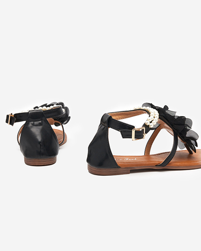 OUTLET Schwarze Damensandalen mit Perlen und Stoffblume Amerile - Schuhe