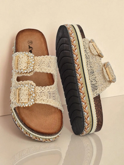 Royalfashion Damen-Pantoletten mit Strassschnallen GlamCork