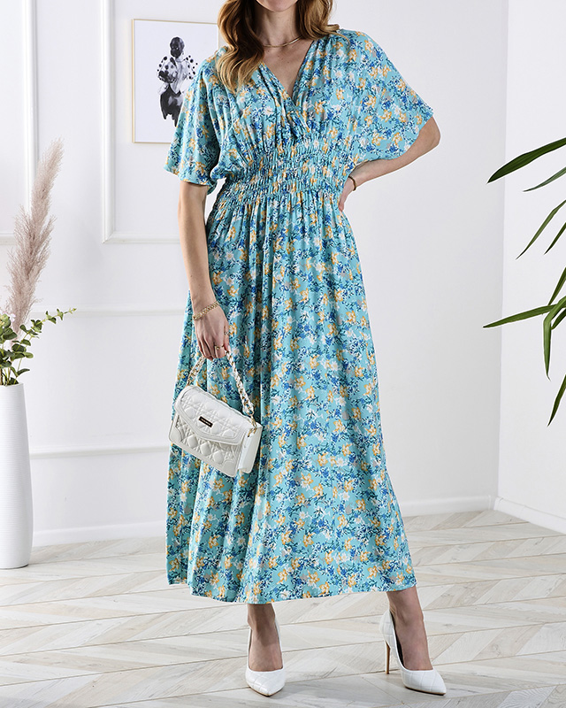 Blaues Damen-Midikleid mit Blumenmuster- Kleidung