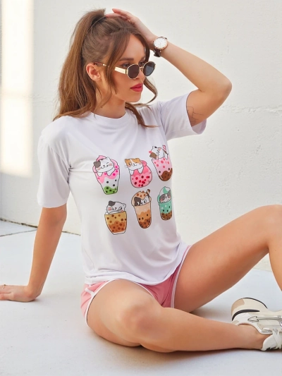 Royalfashion Damen Sportset mit T-Shirt und Shorts Kitty Cat