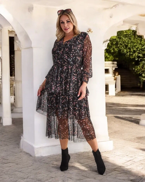 Royalfashion Чорно-рожева сукня міді з сітки з принтом