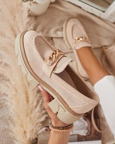 Мокасини з еко-замші з золотим декором бежевого кольору Zaffix- Footwear