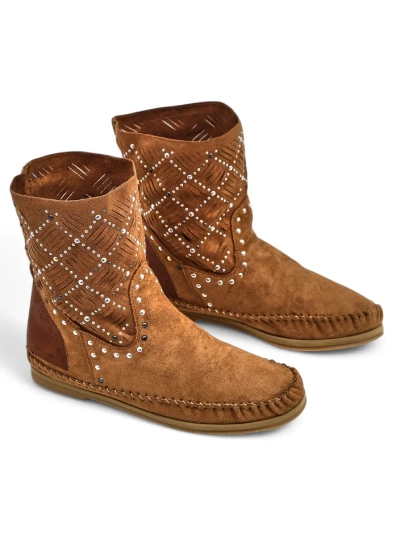 Royalfashion Damen-Stiefeletten mit niedrigem Keil und Nieten im indischen Stil