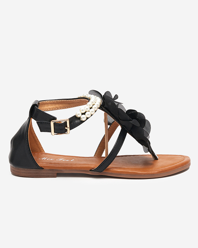OUTLET Schwarze Damensandalen mit Perlen und Stoffblume Amerile - Schuhe