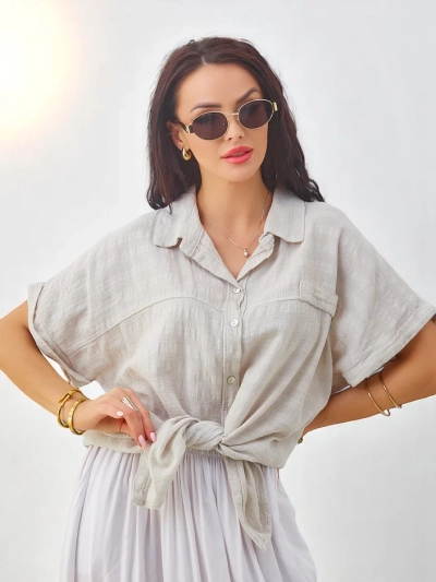 Royalfashion Damen Baumwollhemd mit Prägung und kurzen Ärmeln