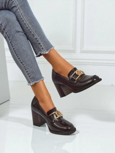 Damen Loafer Persephone Nero mit Blockabsatz Öko-Leder goldene Schnalle