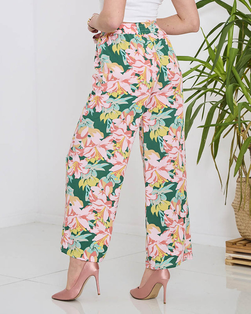 Жіночі зелені штани палаццо з рожевими квітами - Одяг