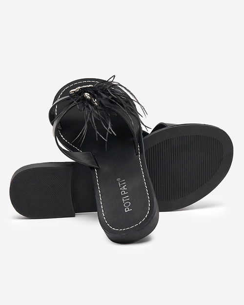 Чорні жіночі тапочки з орнаментом з фіанітів та пір'я Linoda - Взуття