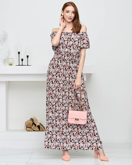 Schwarzes Damen-Maxikleid mit Blumen und offenem Rücken - Kleidung