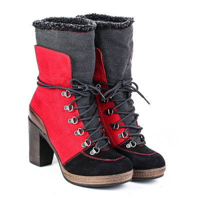 Red-black boots on the post with sheepskin coat - Footwear