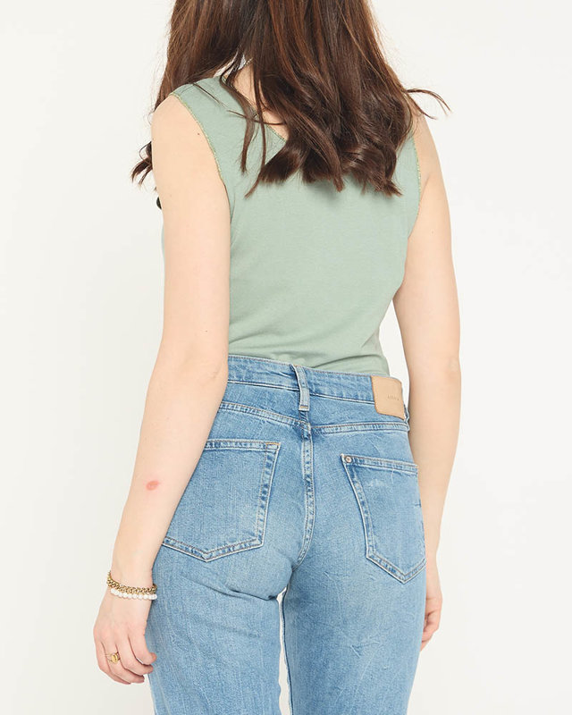 Dunkelgrüne Schulterbluse mit Print und Zirkonia - Bekleidung