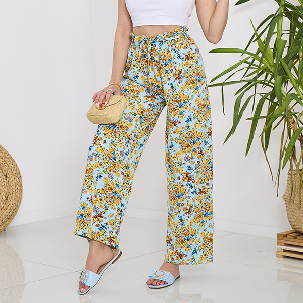 Blaue Damen-Palazzohose mit gelben Blumen- Kleidung