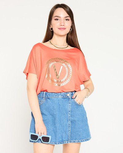 Orangefarbenes Damen-T-Shirt mit Golddruck und Zirkonia - Kleidung