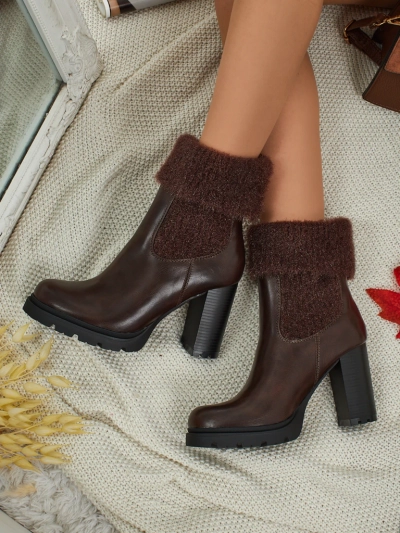 Damen Stiefeletten aus Öko-Leder mit Blockabsatz und Strick Tirave