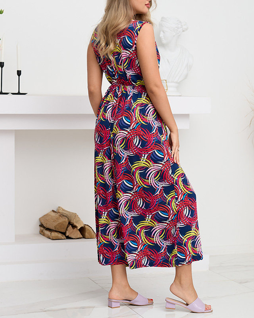 Жіноча темно-синя та рожева сукня максі з візерунком. Одяг