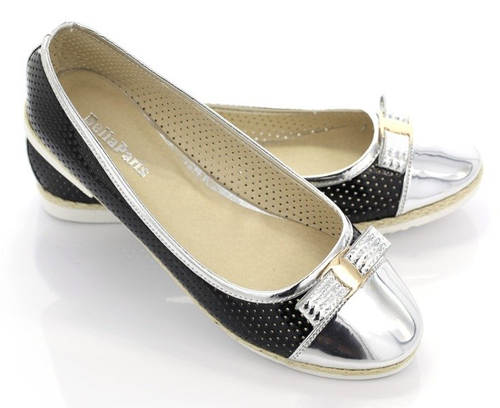 Srebrno-czarne baleriny z lakierowanym noskiem - Obuwie
