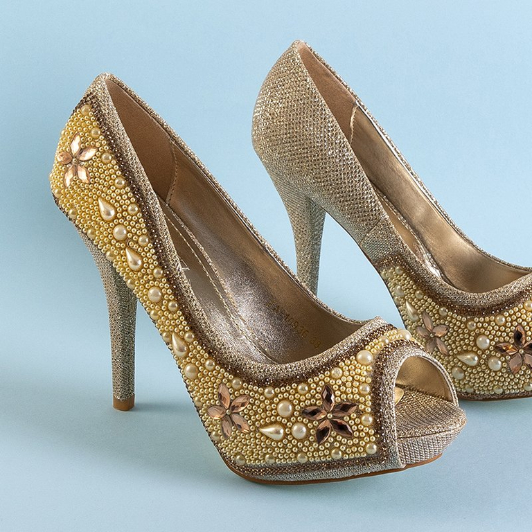 Gold Frauen Brokat Pumps mit Zirkonia und Gitana Perlen - Schuhe
