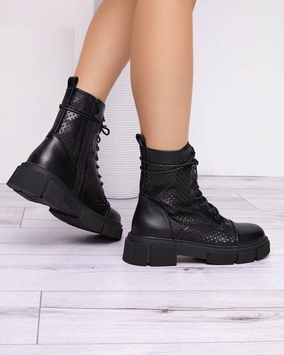 Schwarze durchbrochene Damenstiefeletten mit flachem Absatz Rolika - Footwear